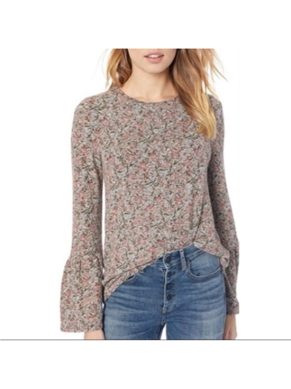 Lucky Brand Brushed Hacci Multicolor Floral Bell Sleeve Pullover Top M